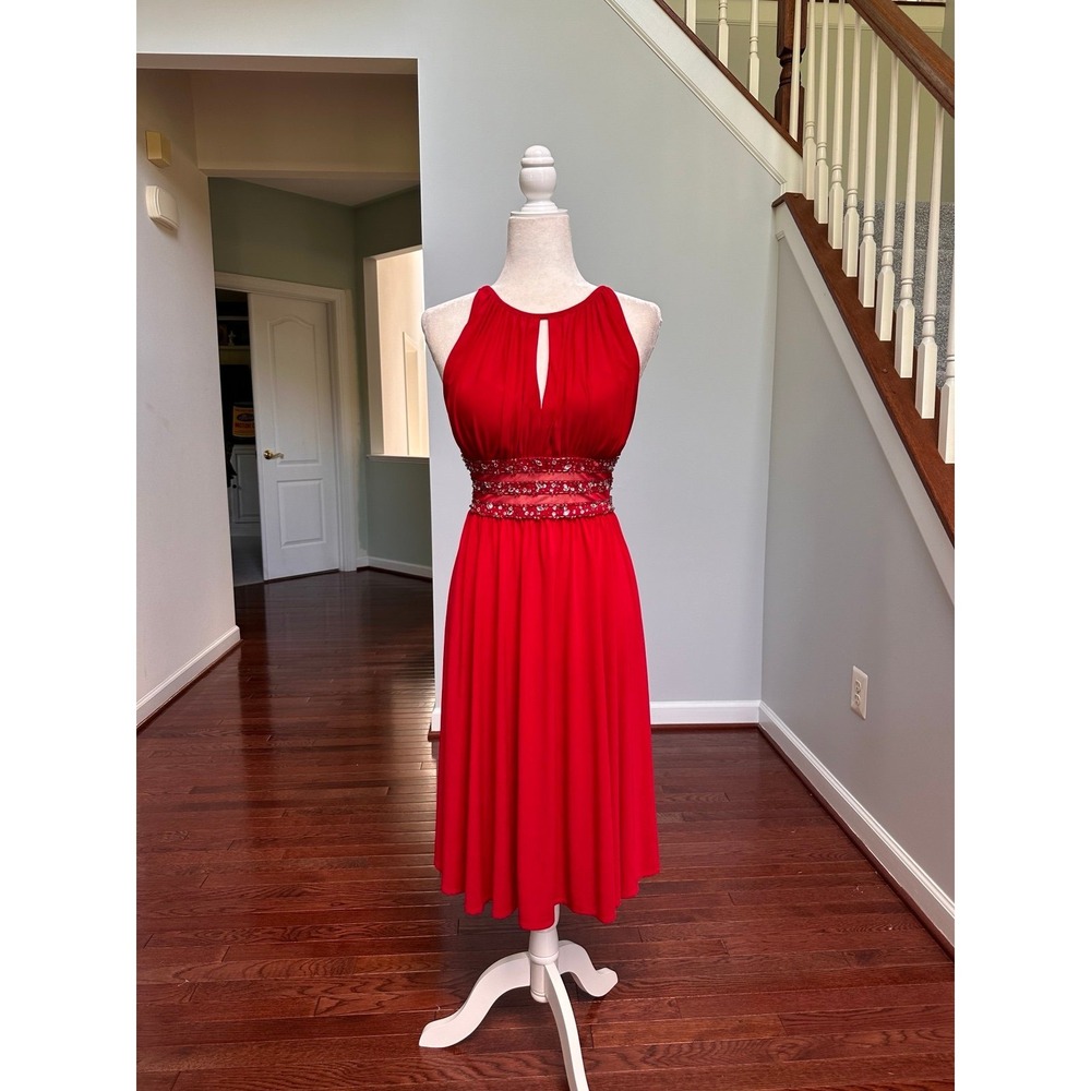 CB 1962 Formal Red Silver Beaded Embellished Waist Cocktail Dress - Picture 6 of 8
